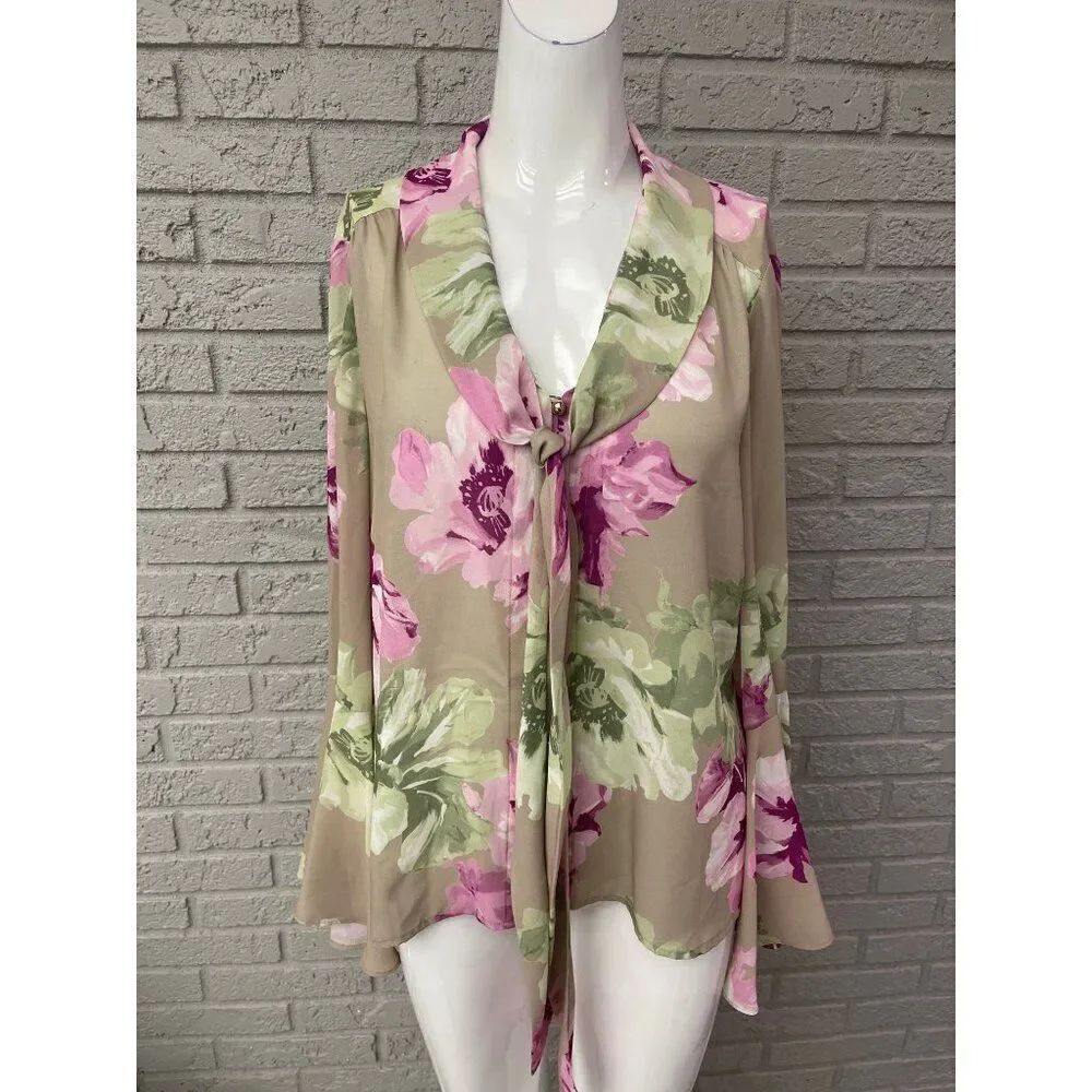 Tahari Arthur S. Levine Women Floral Bell Sleeve Blouse Size PL